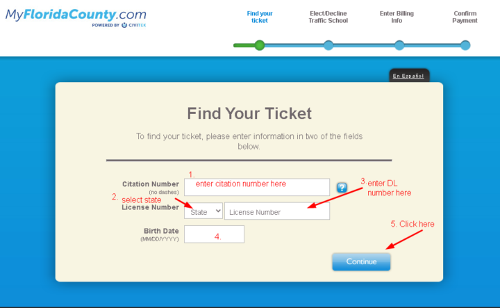 Find your Ticket page Florida County