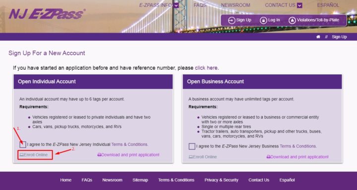NJ EZ-Pass Sign Up For New Account page