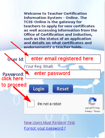 New Jersey Teacher Certification Information System-Online User Login page