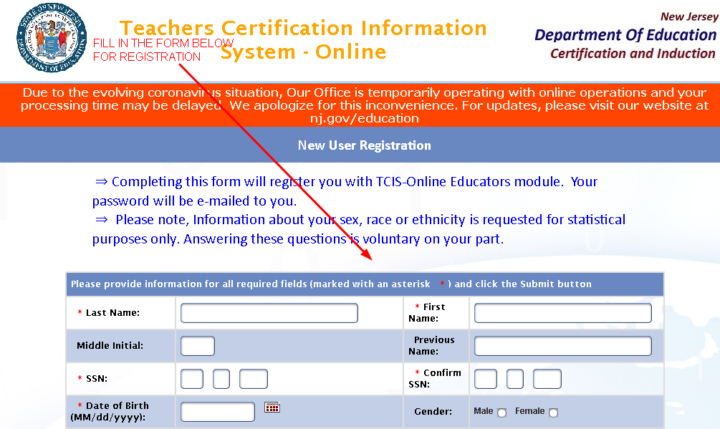 Teacher Certification Information System-Online User Registration Form