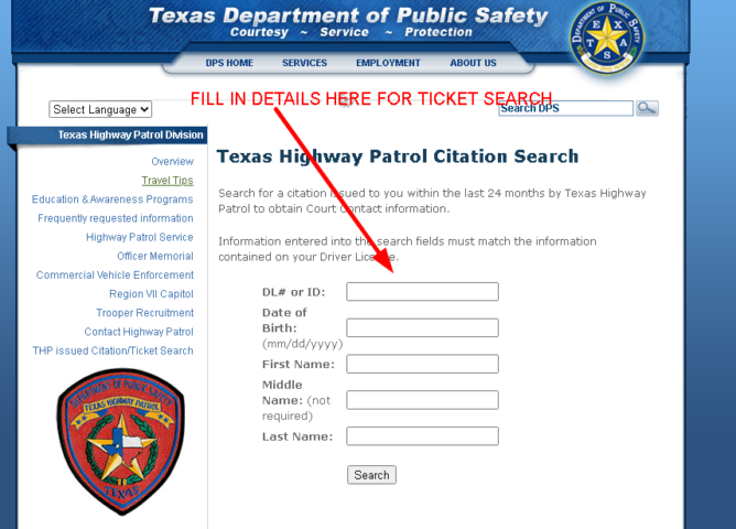 Texas Department of Public Safety official ticket search page